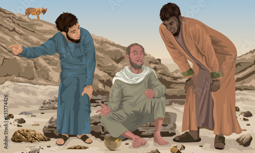 Blind Man Being Told Jesus of Nazareth is Passing By.  Biblical Illustration showing Luke 18:35-43