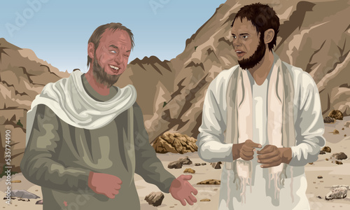 Blind Man Telling Jesus he wants to Receive his Sight.  Biblical illustration showing Luke 18:35-43