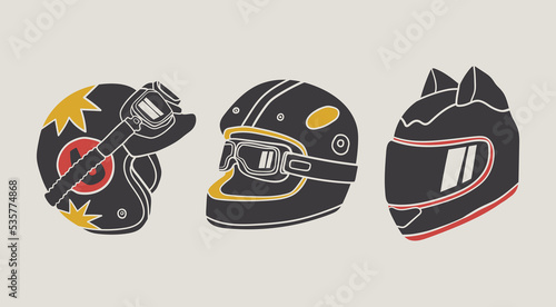 Various motorcycle or scooter Helmets. Crash helmet with googles, visor, ears, windshield. Hand drawn modern Vector illustration. Motorsport safety, head protection concept. Isolated elements