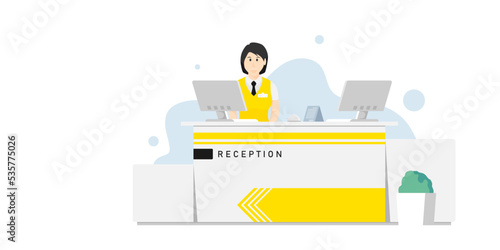 Cartoon female receptionist in front of counter desk, Vector illustration.