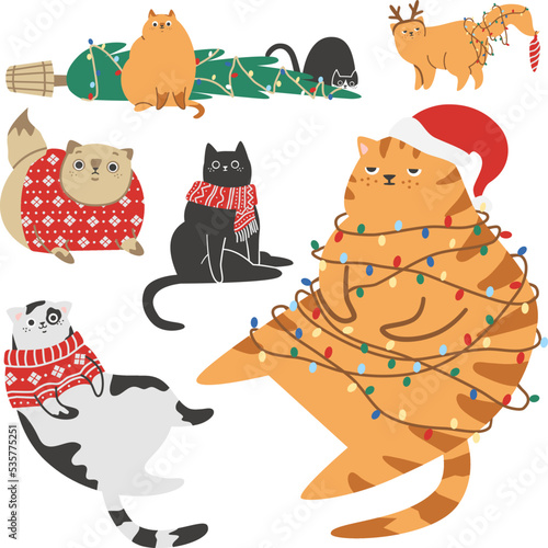 Vector Christmas Collection. Funny Christmas cats. Cute cats knocked down the Christmas tree and tangled in the garlands 