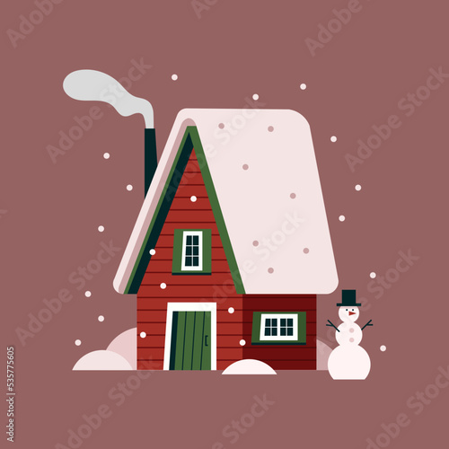 Vector winter house in flat style. Colorful cute red cabin with snowman under snow. Red, green and white.