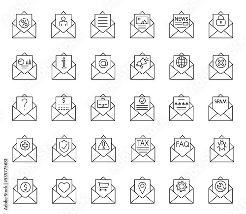 Set of 30 line letter icons of envelope with different attachment. Mail and Letter outline style icons.