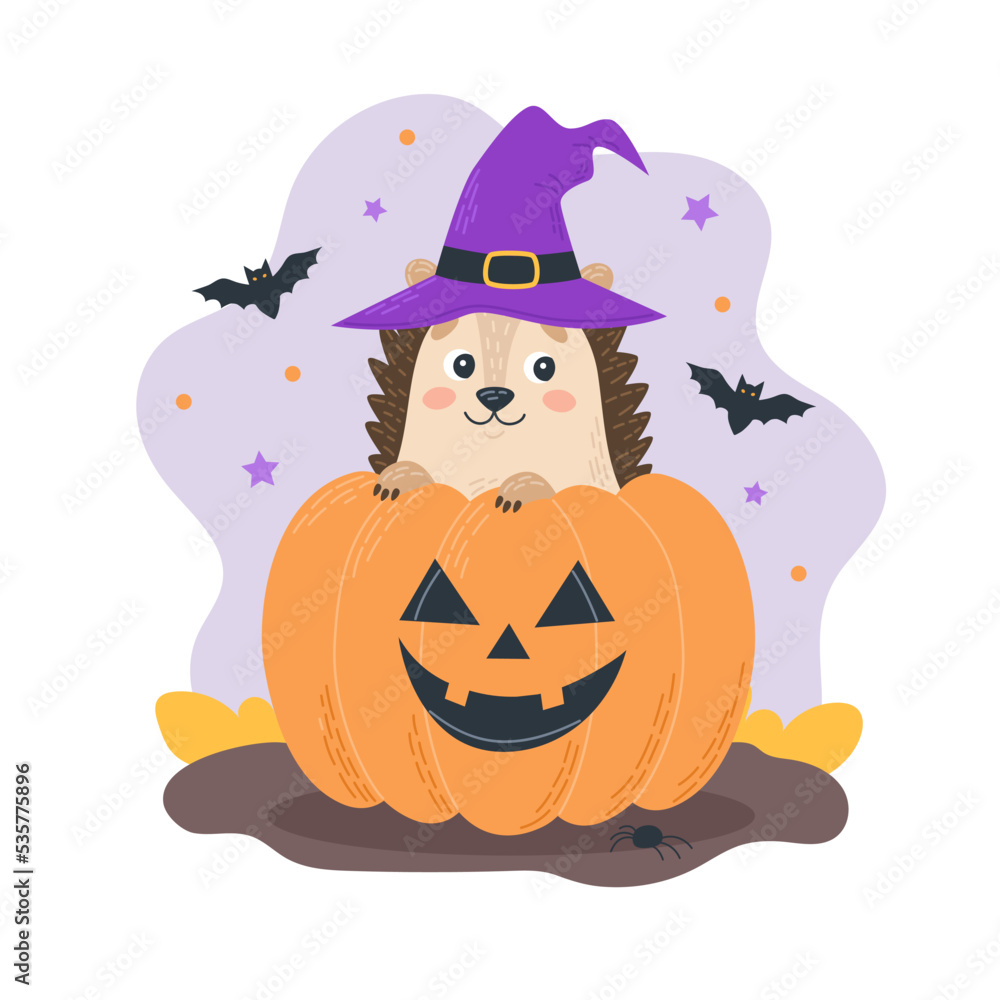 Halloween character cute hedgehog wearing witch hat with a pumpkin spooky jack o lantern. Seasonal holiday concept for banners, vector illustration