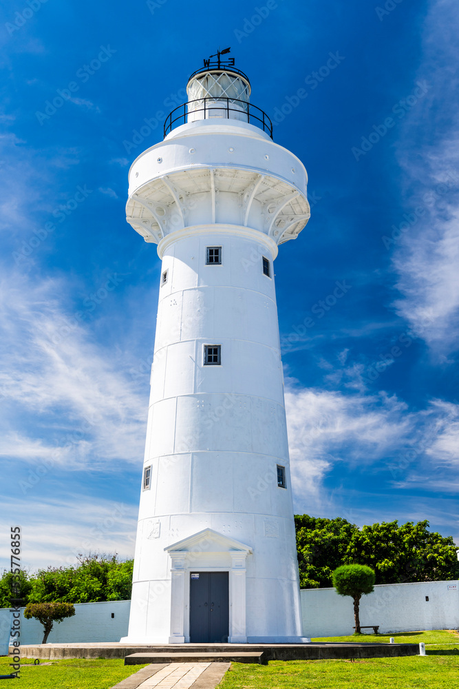 Close-up of white Eluanbi Lighthouse with the blue sky background