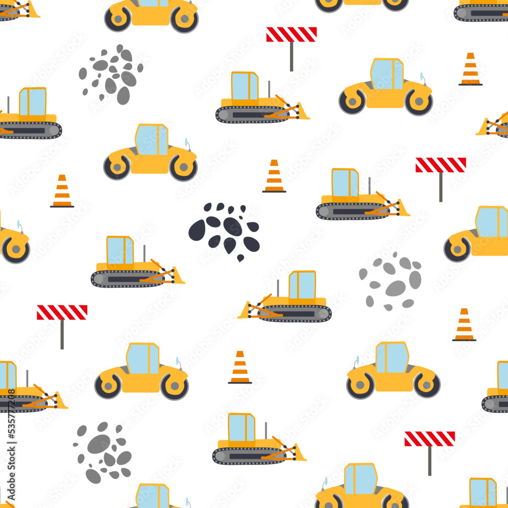 Cute childish seamless pattern with yellow car dump truck, crane, concrete mixer. Construction site illustration in cartoon style