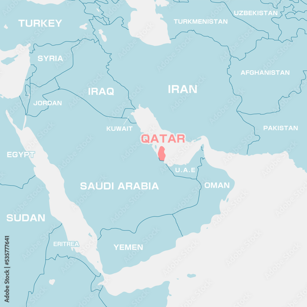 A map illustration of the Middle East with a focus on Qatar