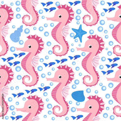 Seahorse and starfish seamless pattern. Sea life summer background. Cute sea life. Design for fabric and decor