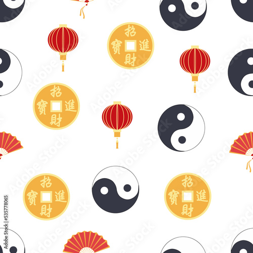 Chinese seamless pattern with feng shui chinese coin with hole, yin-yang, fan, paper lantern