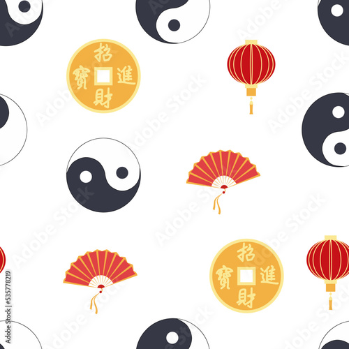 Chinese seamless pattern with feng shui chinese coin with hole, yin-yang, fan, paper lantern