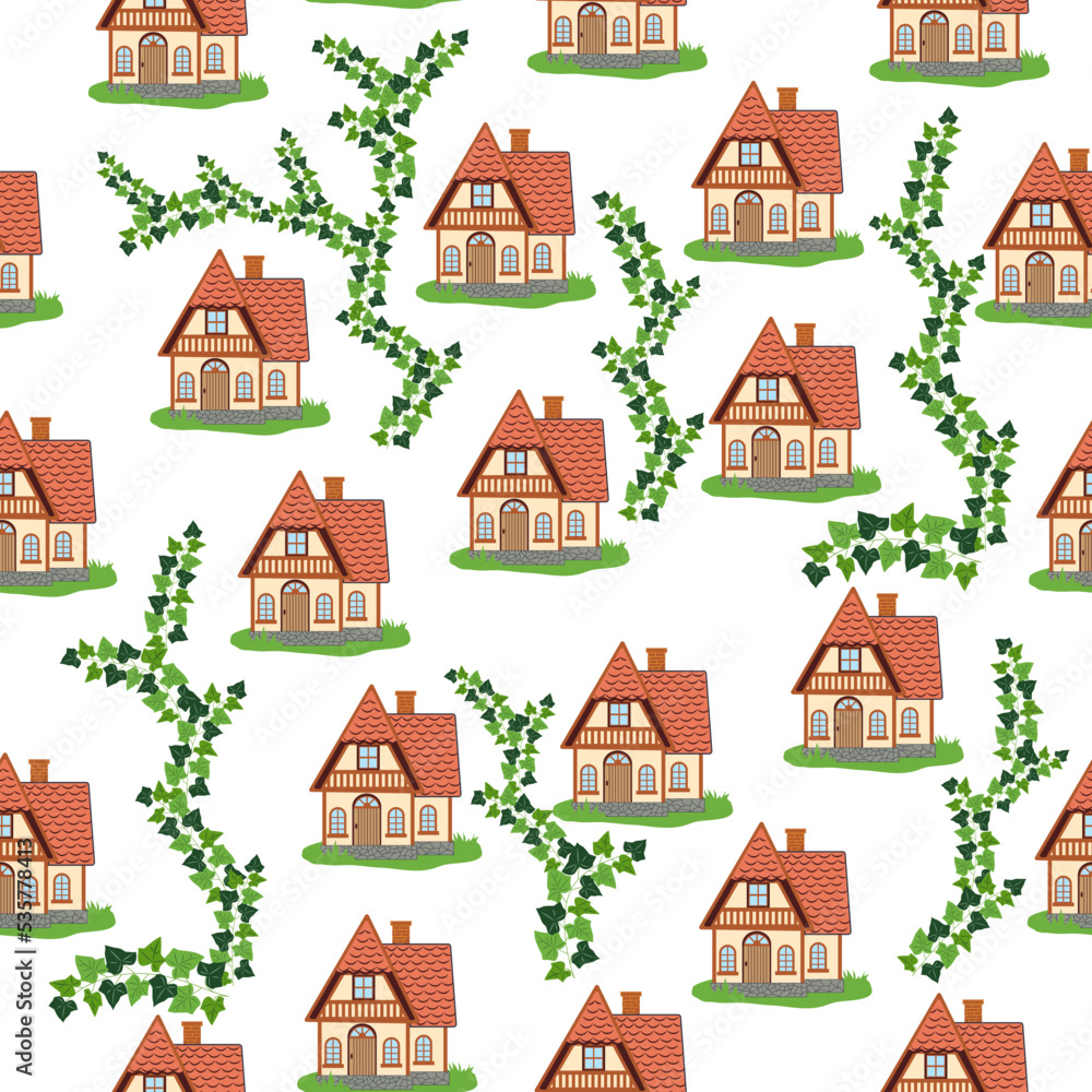 Seamless pattern with houses and ivy branches, plants, English old house, Scandinavian traditions Seamless pattern with houses and ivy branches, plants, English old house, Scandinavian traditions