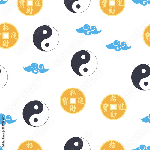 Chinese seamless pattern with feng shui chinese coin with hole, yin yang symbol