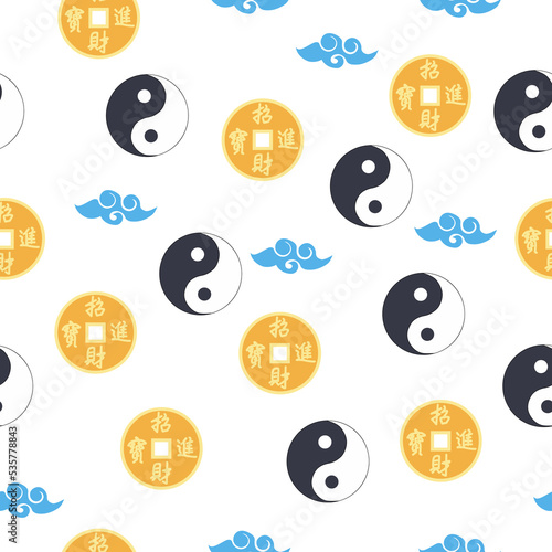 Chinese seamless pattern with feng shui chinese coin with hole, yin yang symbol