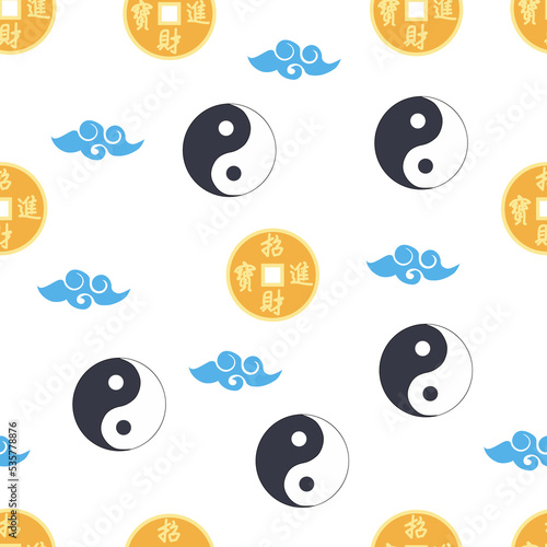Chinese seamless pattern with feng shui chinese coin with hole, yin yang symbol