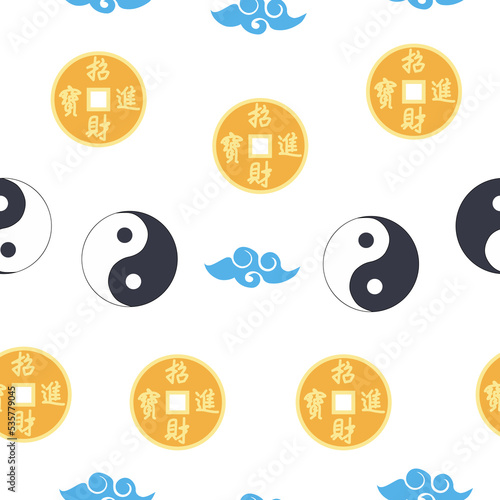 Chinese seamless pattern with feng shui chinese coin with hole, yin yang symbol