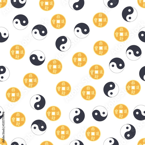 Chinese seamless pattern with feng shui chinese coin with hole, yin yang symbol