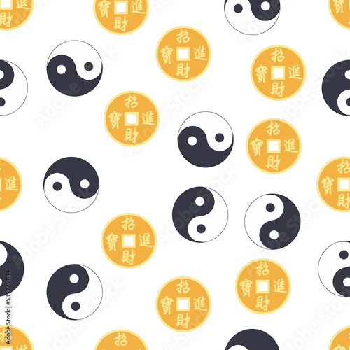 Chinese seamless pattern with feng shui chinese coin with hole, yin yang symbol