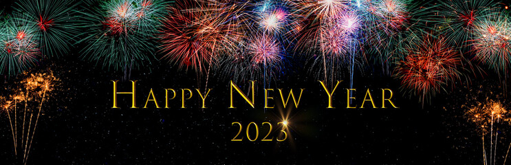 2023 Happy New Year background with fireworks and text, banner.