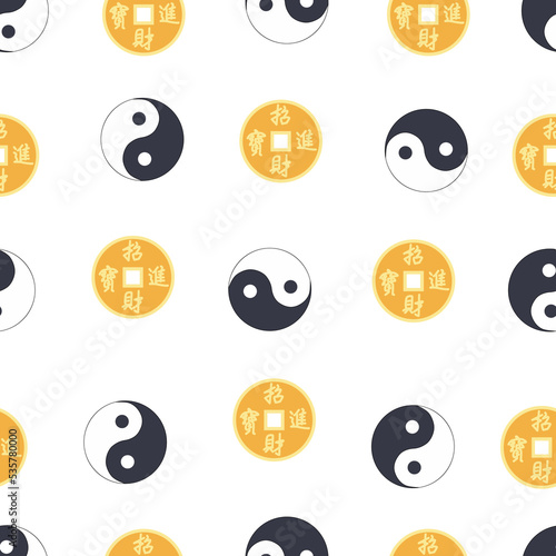 Chinese seamless pattern with feng shui chinese coin with hole, yin yang symbol