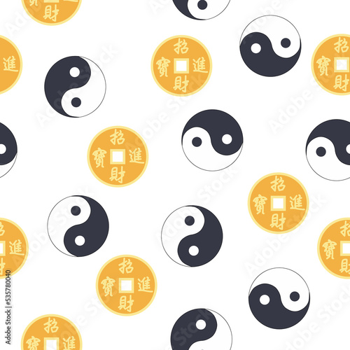 Chinese seamless pattern with feng shui chinese coin with hole, yin yang symbol
