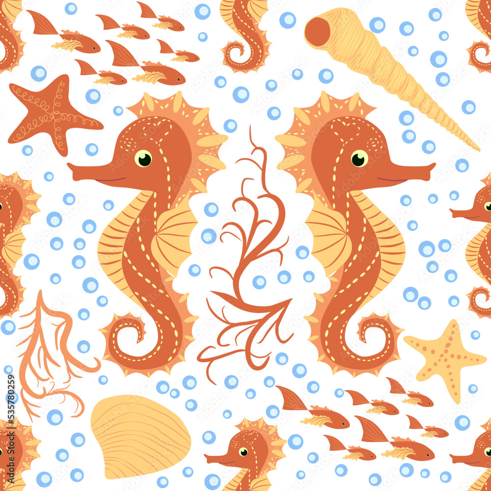 Fototapeta premium Seahorse and starfish seamless pattern. Sea life summer background. Cute sea life. Design for fabric and decor