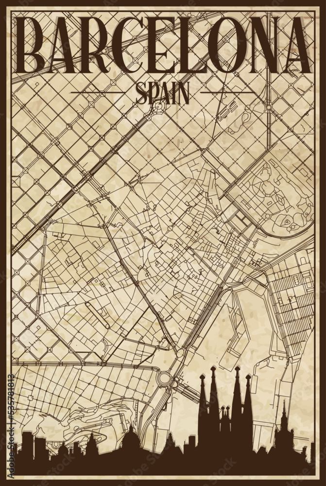 Naklejka premium Brown vintage hand-drawn printout streets network map of the downtown BARCELONA, SPAIN with brown city skyline and lettering