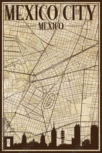 Brown vintage hand-drawn printout streets network map of the downtown MEXICO CITY, MEXICO with brown city skyline and lettering