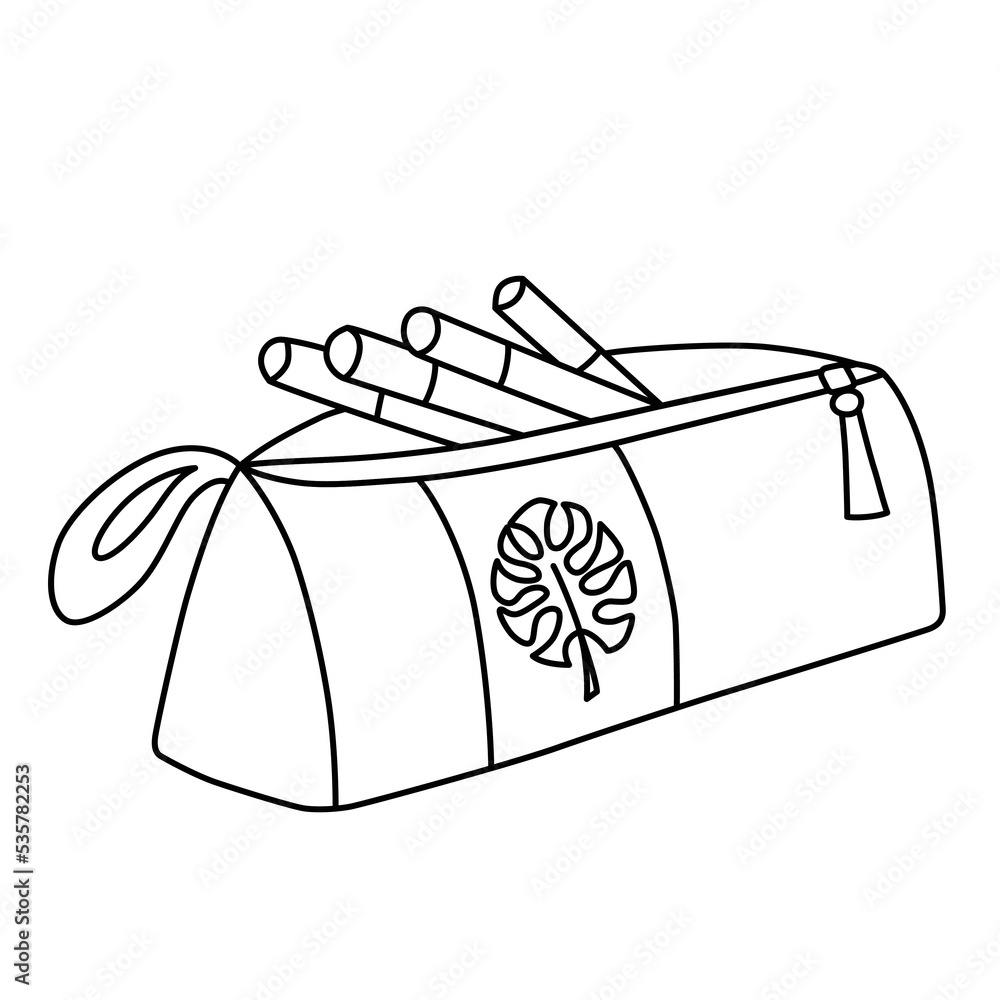 Pencil case icon, vector illustration of zippered pen bag, case for pens, pencils, felt-tip pens, school supplies, doodle organizer for stationery, isolated outline clipart in white background Pencil case icon, vector illustration of zippered pen bag, case for pens, pencils, felt-tip pens, school supplies, doodle organizer for stationery, isolated outline clipart in white background