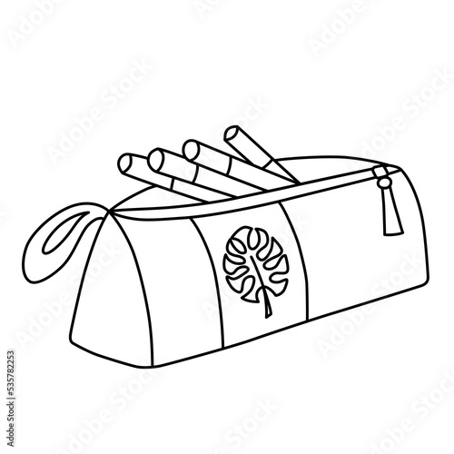 Pencil case icon, vector illustration of zippered pen bag, case for pens, pencils, felt-tip pens, school supplies, doodle organizer for stationery, isolated outline clipart in white background