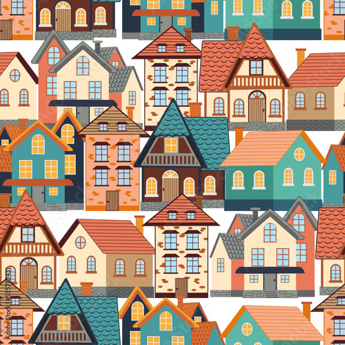 Seamless pattern of funny houses. Densely populated city.