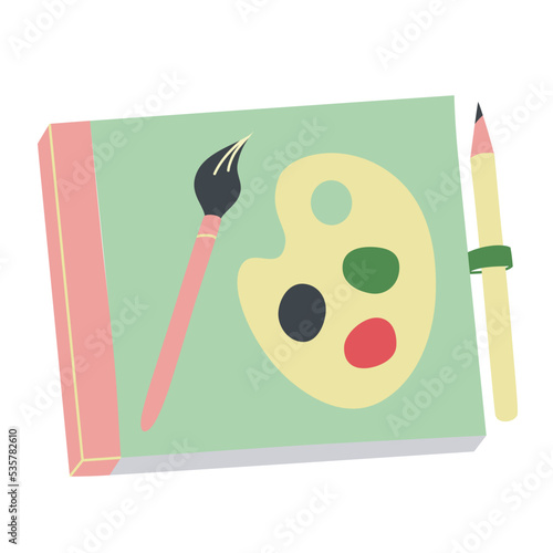 Paper pad icon, sketch pad for painting, doodle illustration of album with pen holder, pencil, vector sketchbook with paints, isolated colored clipart on white background