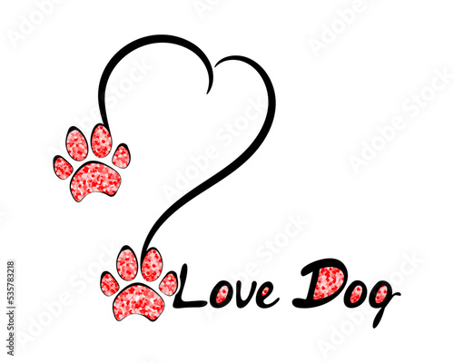 Silhouette of a heart with the inscription Love dog and paws. With red glitter. Isolated on white background.