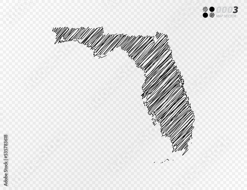 Vector black silhouette chaotic hand drawn scribble sketch  of Florida map on transparent background.
