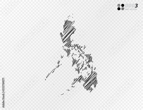 Vector black silhouette chaotic hand drawn scribble sketch of Philippines map on transparent background.