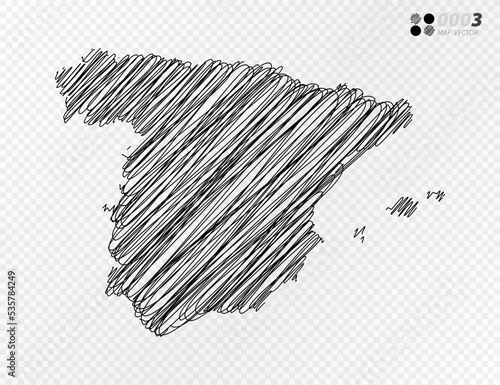 Vector black silhouette chaotic hand drawn scribble sketch of Spain map on transparent background.