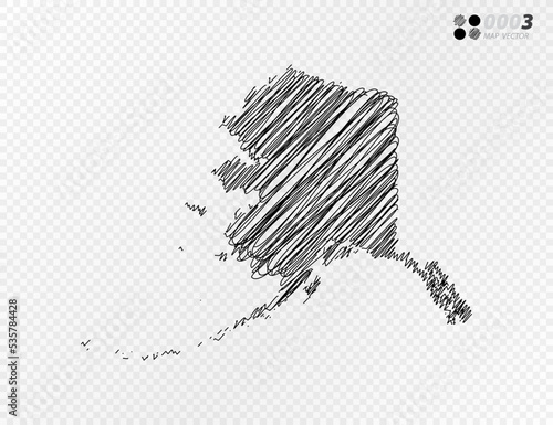Vector black silhouette chaotic hand drawn scribble sketch  of Alaska map on transparent background.