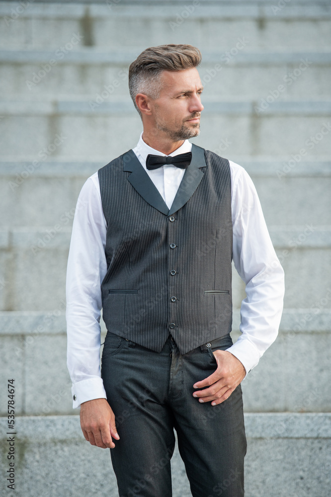 elegant man in bowtie. grizzled man in formalwear. tux man bridegroom elegant man in bowtie. grizzled man in formalwear. tux man bridegroom