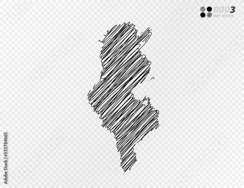 Vector black silhouette chaotic hand drawn scribble sketch of Tunisia map on transparent background.