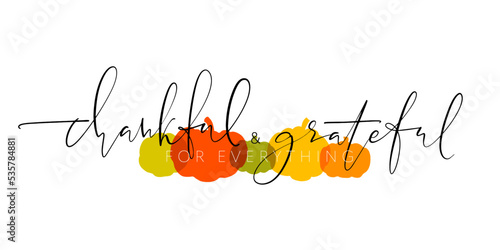 Hand drawn Thanksgiving Day Background. Vector illustration with thin script thankful and grateful for everything lettering on pampkin shapes background. Horizontal greeting card. photo