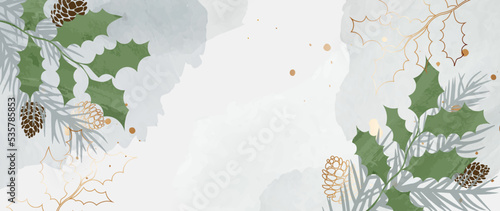 Winter background design with watercolor brush texture. Abstract artistic background with holly and Christmas tree branches with cones. Golden lines and watercolor texture, christmas background.