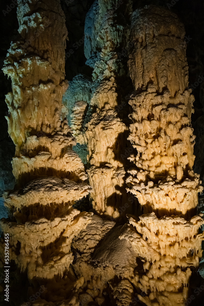 Fairy views from The Frasassi Caves (Italian: Grotte di Frasassi) - the most famous show caves in Italy. The karst cave system is located in the municipality of Genga, Ancona, Marche, Italy.