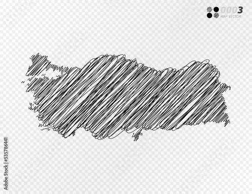 Vector black silhouette chaotic hand drawn scribble sketch  of Turkey map on transparent background.