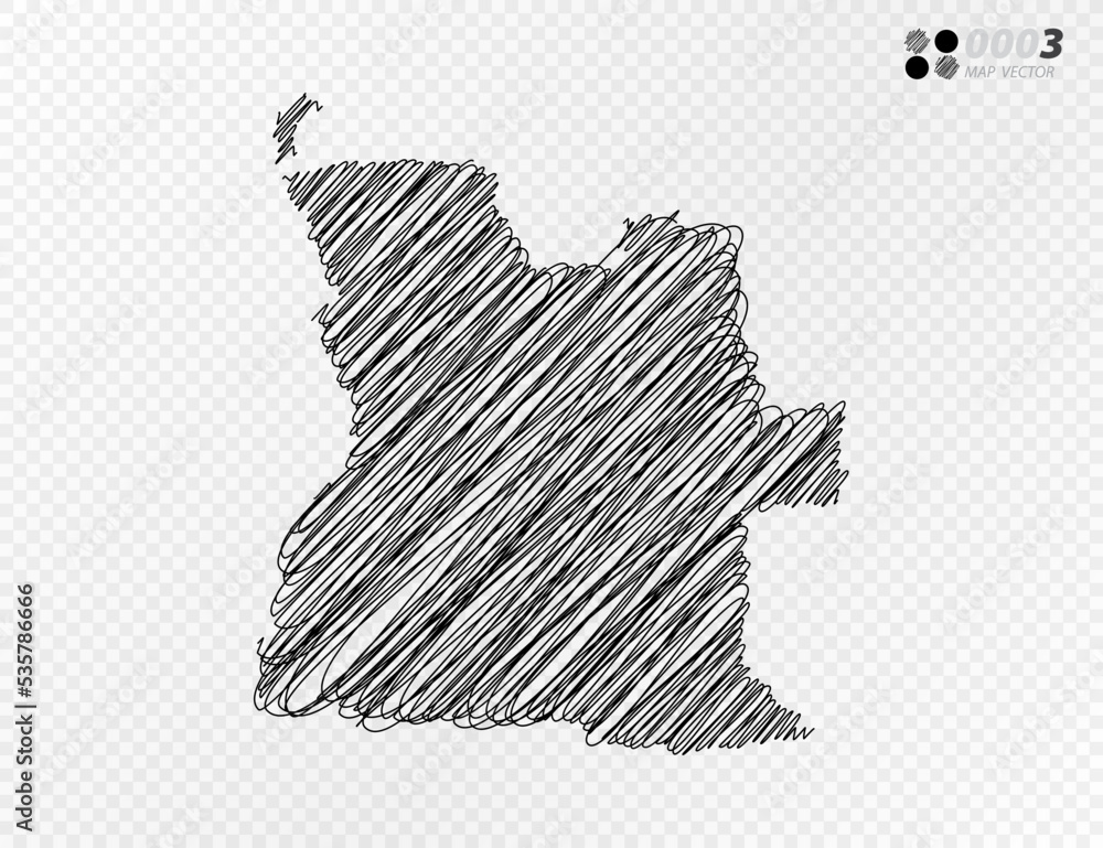 Vector black silhouette chaotic hand drawn scribble sketch  of Angola map on transparent background.