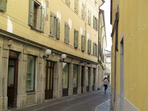 Cividale del Friuli Street View with Typical Yellow Historic Building Facades in Friuli Venezia Giulia, Italy
