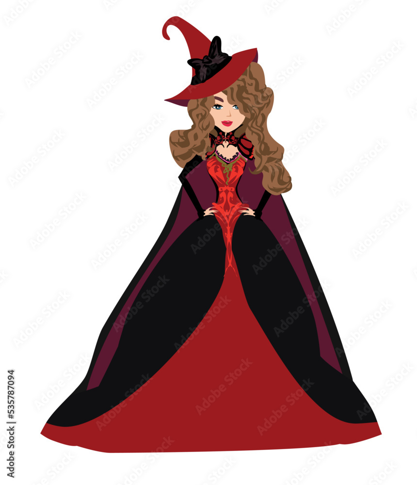 Fototapeta premium Beautiful sexy witch in a red dress and an elegant hat - illustration isolated from background