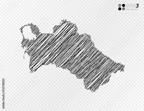 Vector black silhouette chaotic hand drawn scribble sketch  of Turkmenistan map on transparent background.