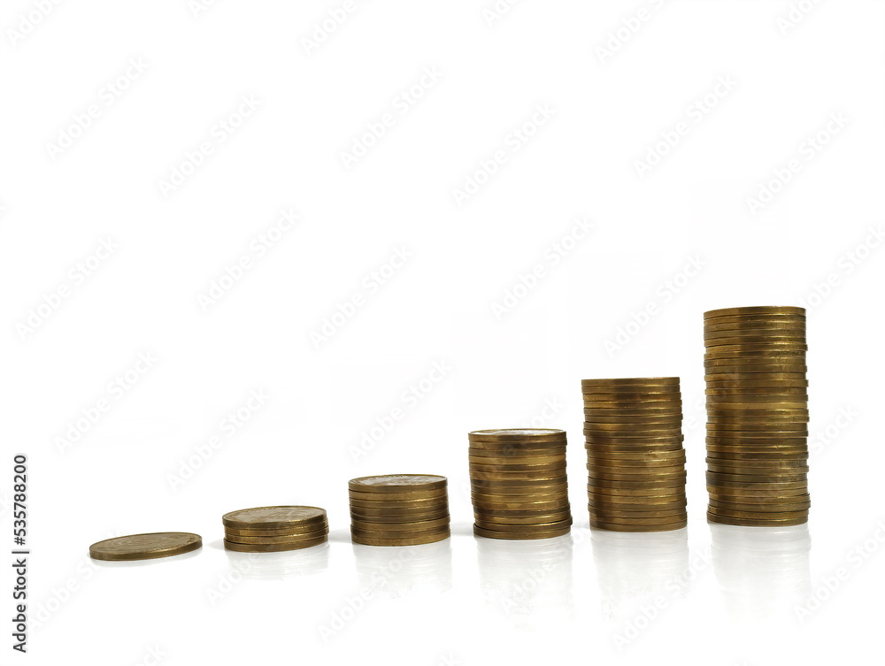 Different stacks of metal coins. Israeli shekel. selective focus