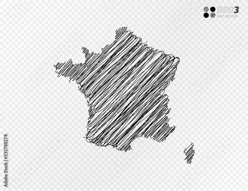 Vector black silhouette chaotic hand drawn scribble sketch  of France map on transparent background.