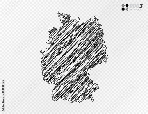 Vector black silhouette chaotic hand drawn scribble sketch  of Germany map on transparent background.