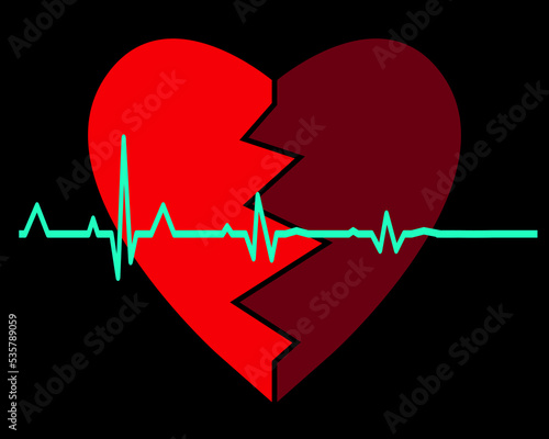 broken heart with flatline on black background. vector illustration. 